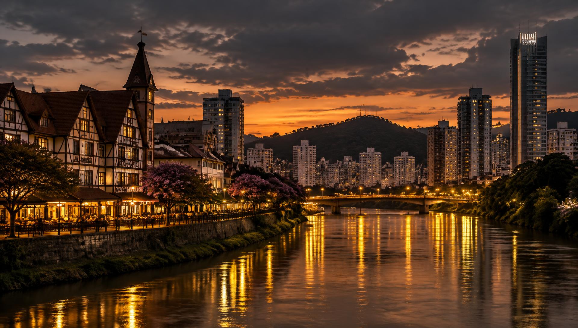 Blumenau ao entardecer, às margens do rio Itajaí-Açu